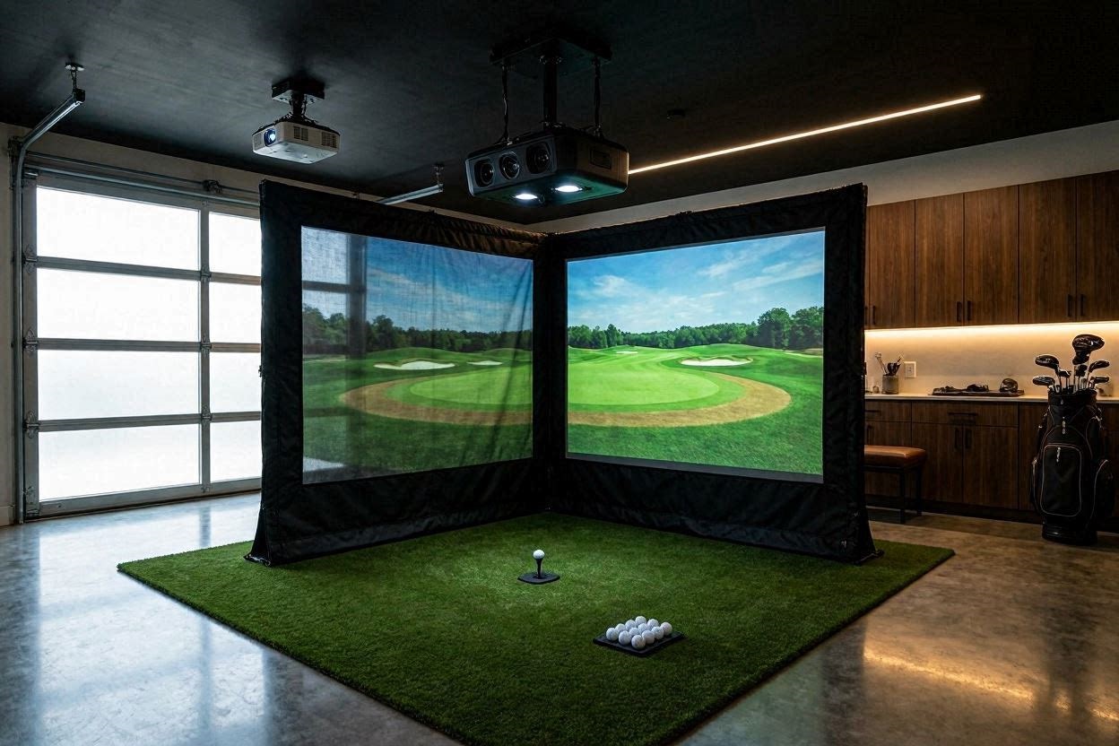 A complete overview of a professional ProTee VX garage simulator setup with a premium enclosure.