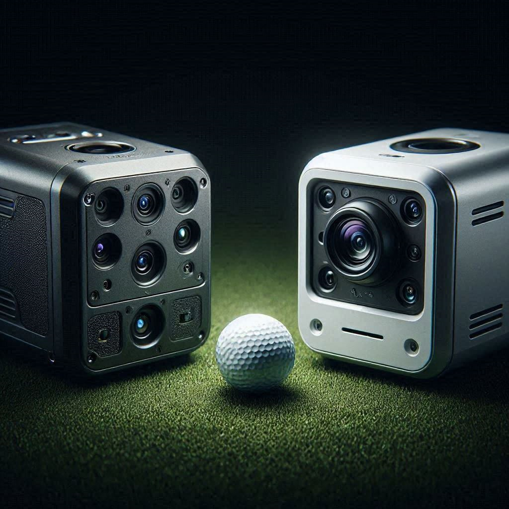 Bushnell Launch Pro vs SkyTrak+ golf launch monitors on turf.
