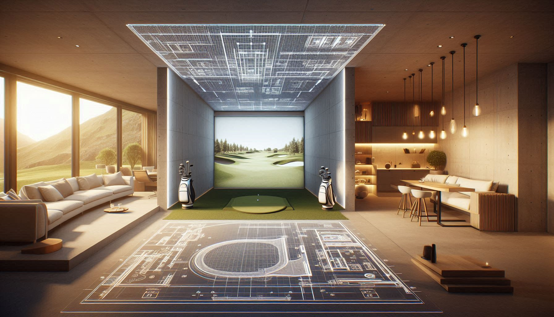 An architectural blueprint mapping out a DIY golf simulator room planner in a modern garage.