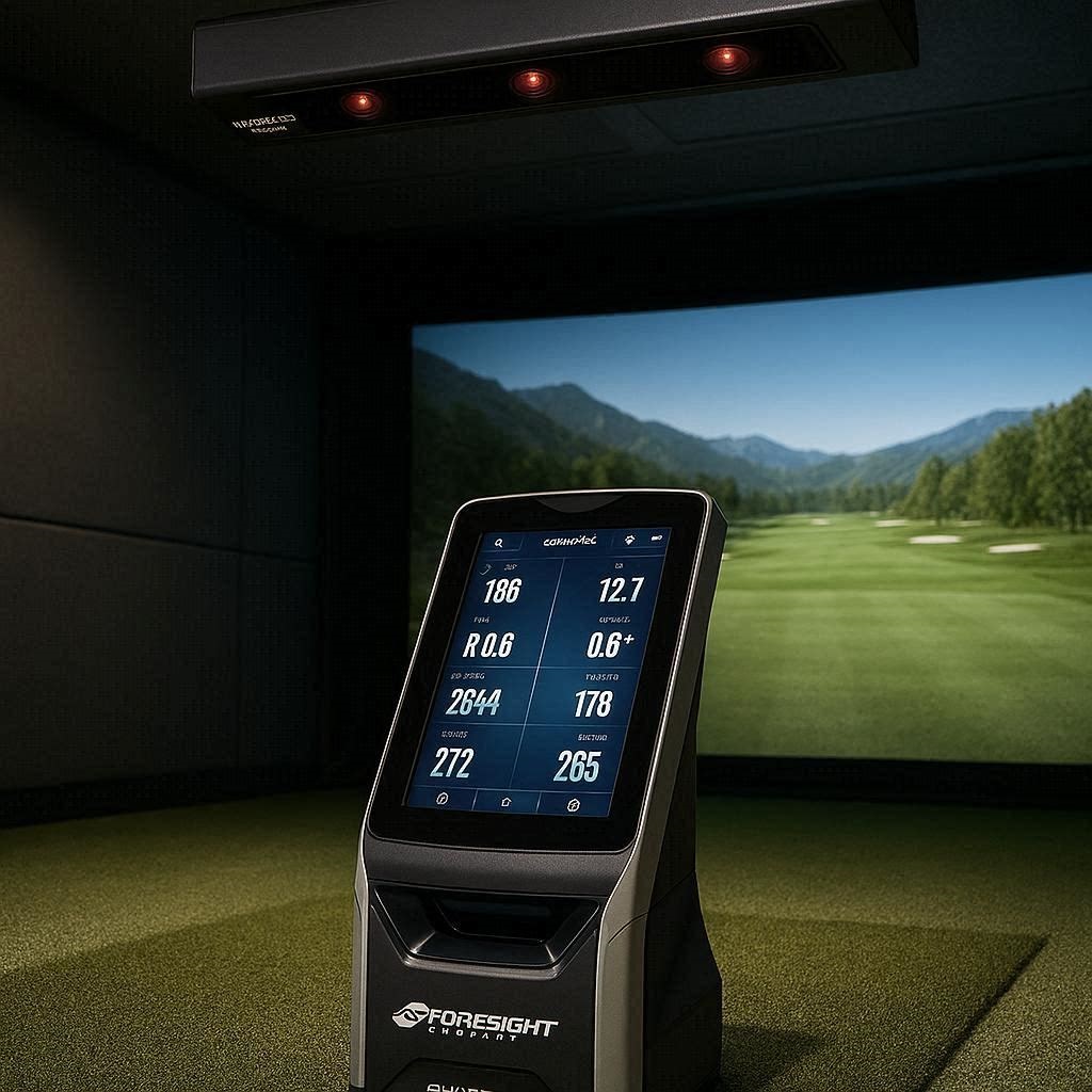 Full comparison view of Foresight Sports QuadMAX vs Uneekor EYE XO2 launch monitors inside a professional golf simulator bay.