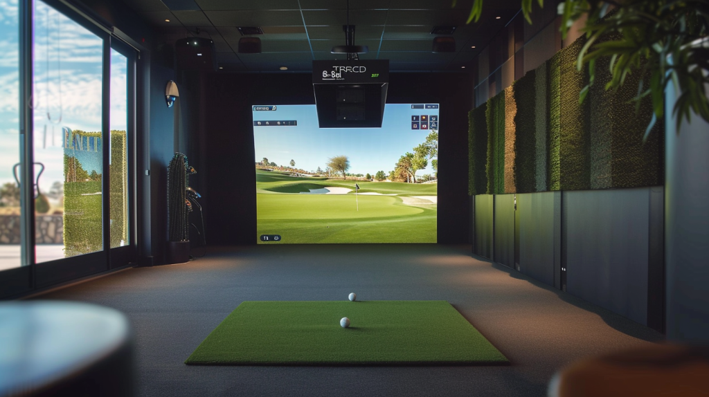 An overhead view of a premium indoor golf simulator showroom utilizing a Trackman iO indoor review system setup.