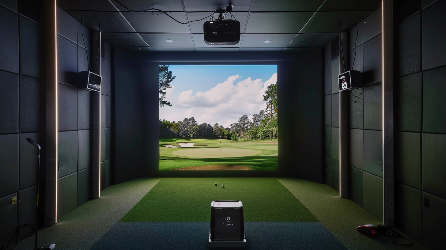 An overhead view of a premium indoor golf simulator showroom utilizing a Trackman iO indoor review system setup.