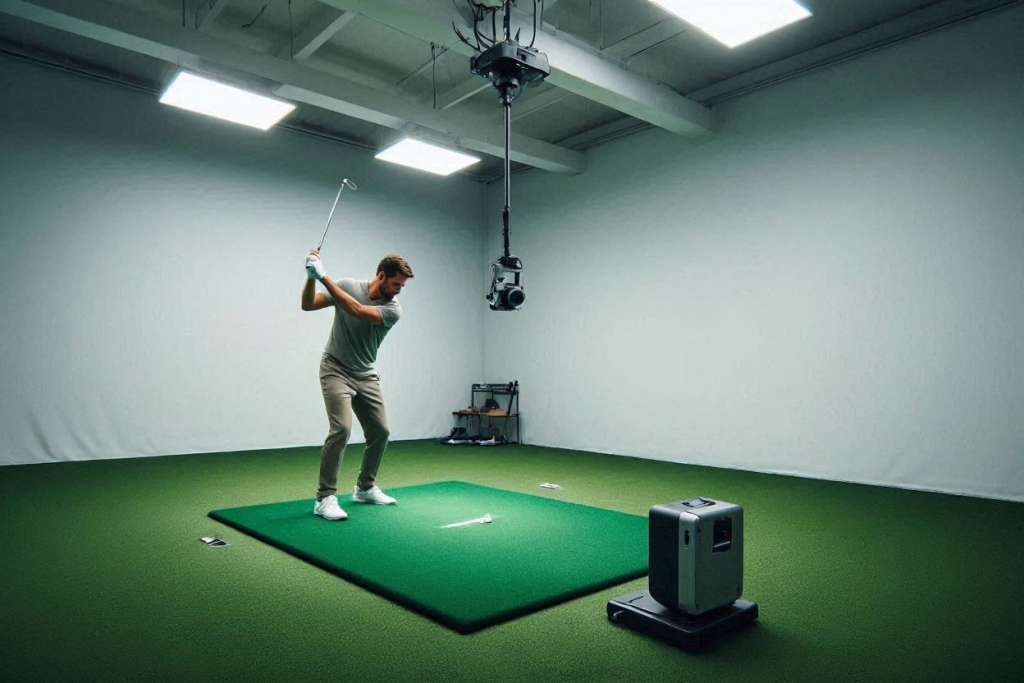 Premium indoor simulator bay illustrating Foresight GCQuad vs TrackMan io space saving comparison.