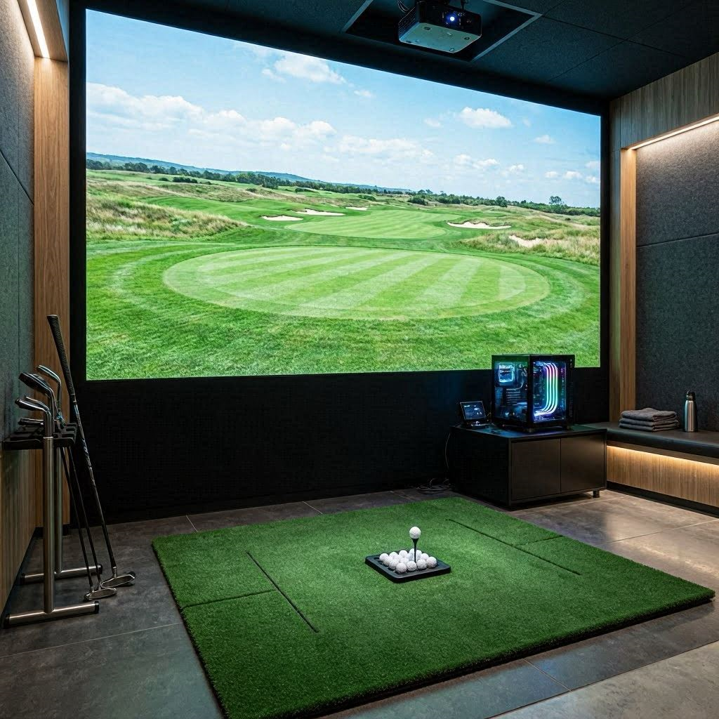 Enclosed garage setup featuring the best gaming PC for 4K golf simulation.