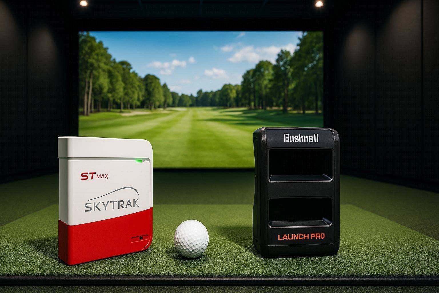 SkyTrak ST Max vs Bushnell Launch Pro sitting on hitting turf in a golf simulator bay.