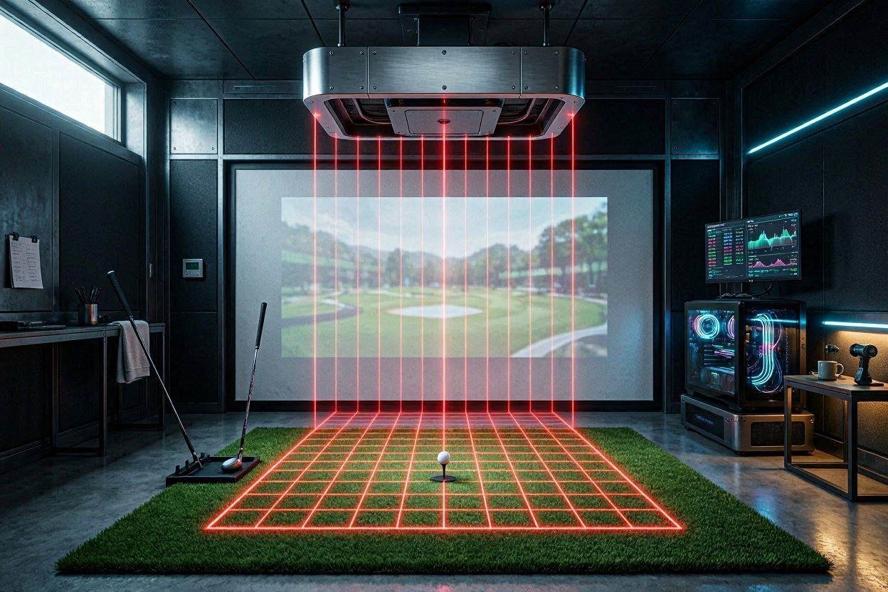 Technical diagram and installation view of the AccuGolf Hawkeye launch monitor setup in a premium indoor golf simulator bay.