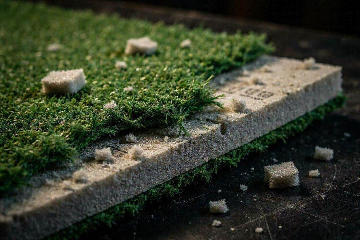 Macro close-up of a damaged hitting surface demonstrating why cheap EVA foam golf mats fail and degrade over time.