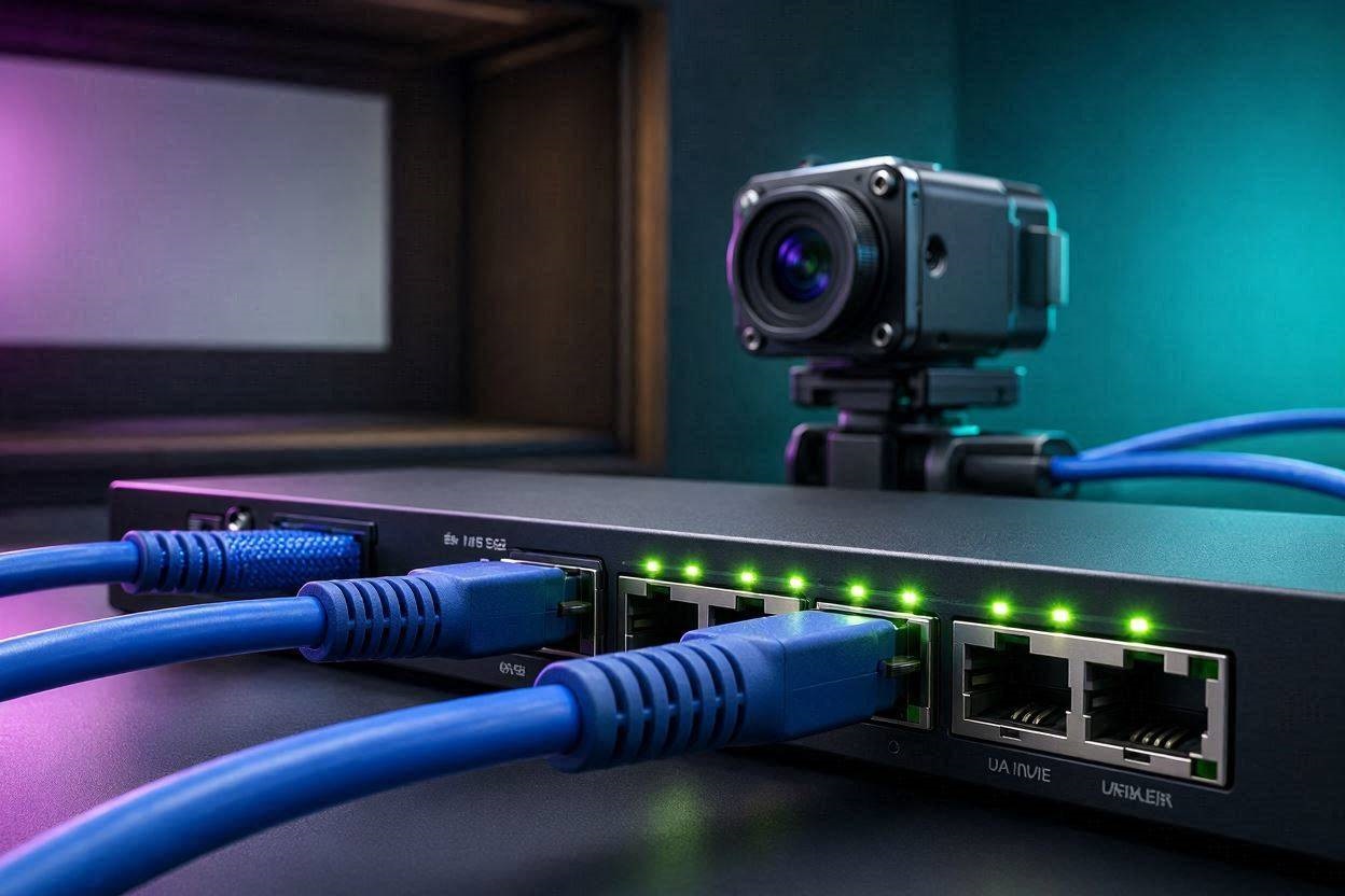 Close up of a premium network switch highlighting PoE switch networking for golf simulator cameras