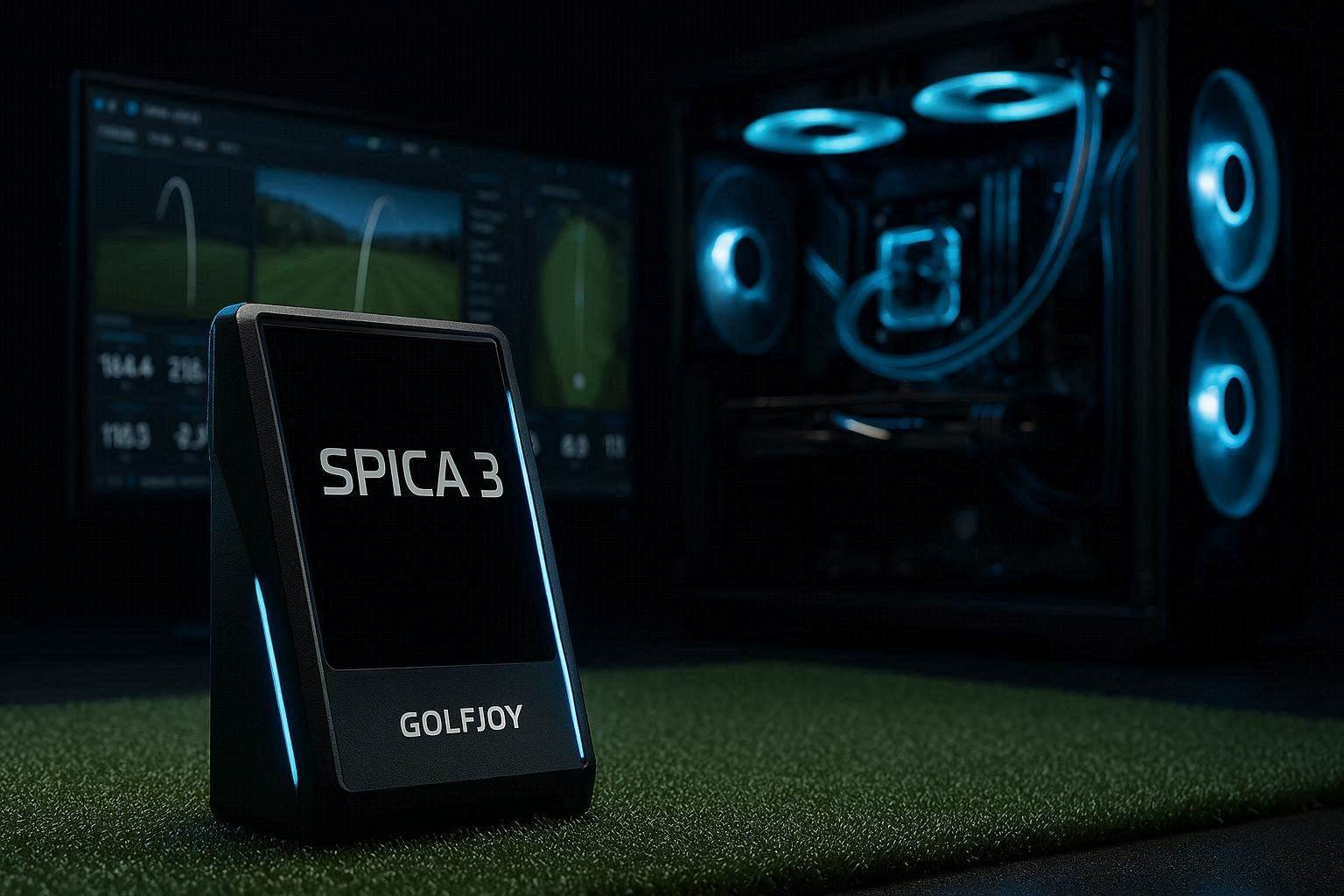Technical software configuration showing the Golfjoy Spica 3 PC app running on a gaming computer inside a garage simulator.