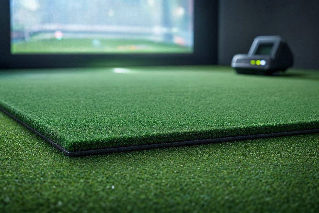 A flawlessly secured hitting surface demonstrating how to prevent golf mat slippage in a luxury indoor simulator.