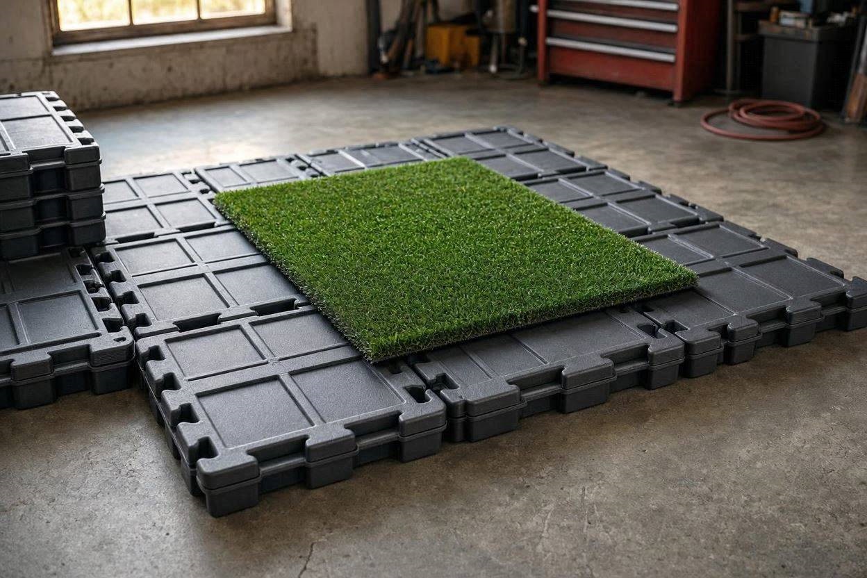 Installation of heavy-duty interlocking polymer base trays for a commercial golf simulator mat system.
