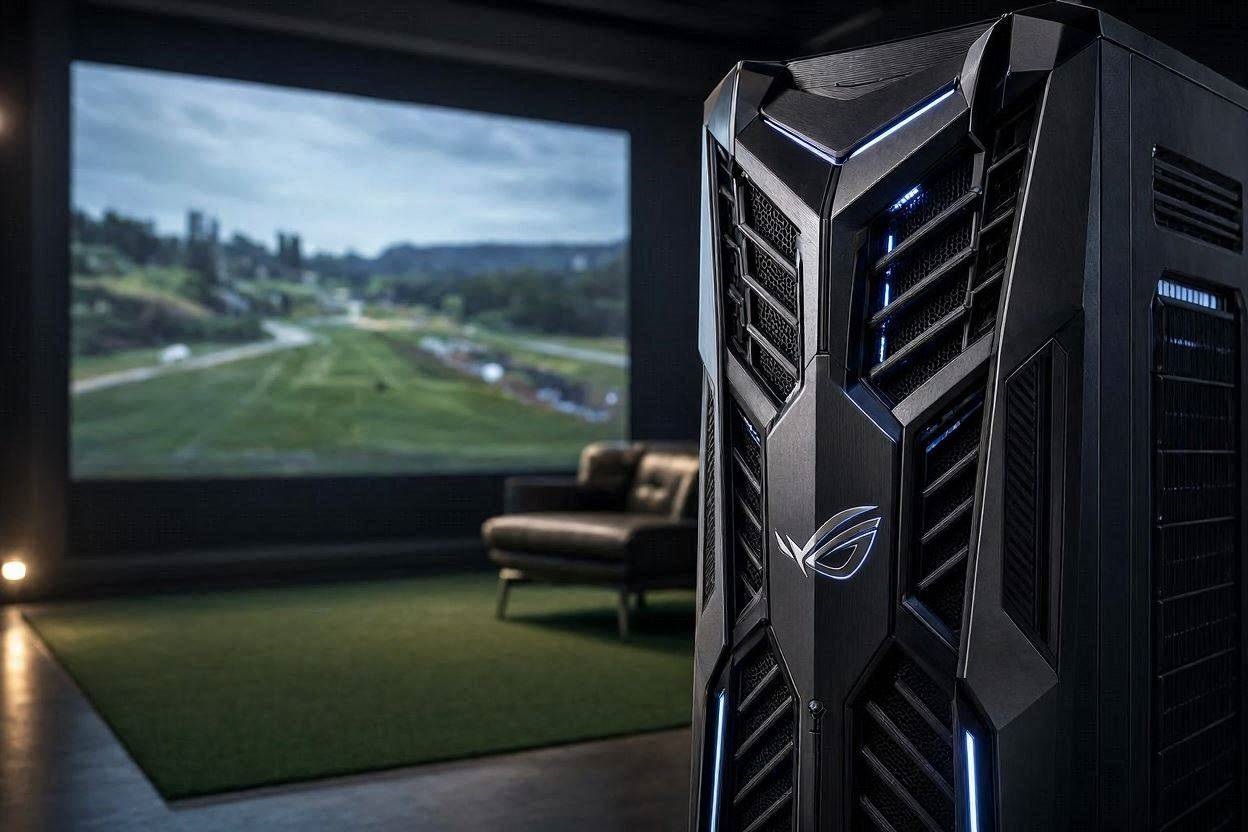 The ASUS ROG Strix GA35 4K golf simulator desktop computer powering a luxury hitting bay.