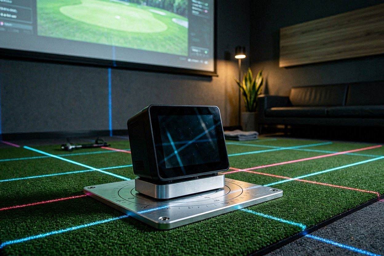 Step-by-step calibration setup showing the physical leveling block and alignment check for calibrating the Uneekor Eye Mini for indoor mat accuracy.