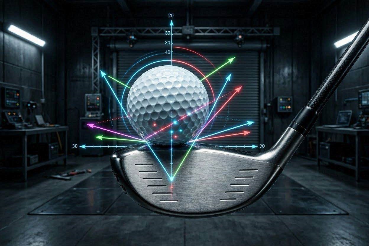 Digital engineering overlay showing how photometric launch monitors calculate spin axis during a golf ball impact.