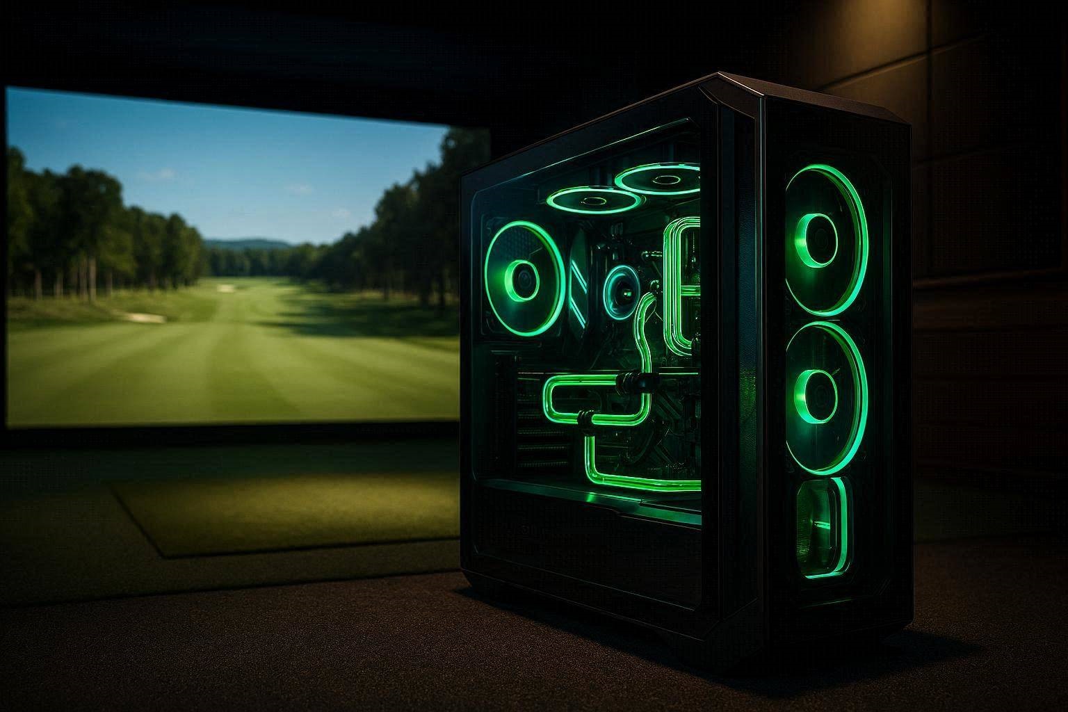 A high-end custom PC for GSPro 4K rendering sitting in a luxury golf simulator bay.