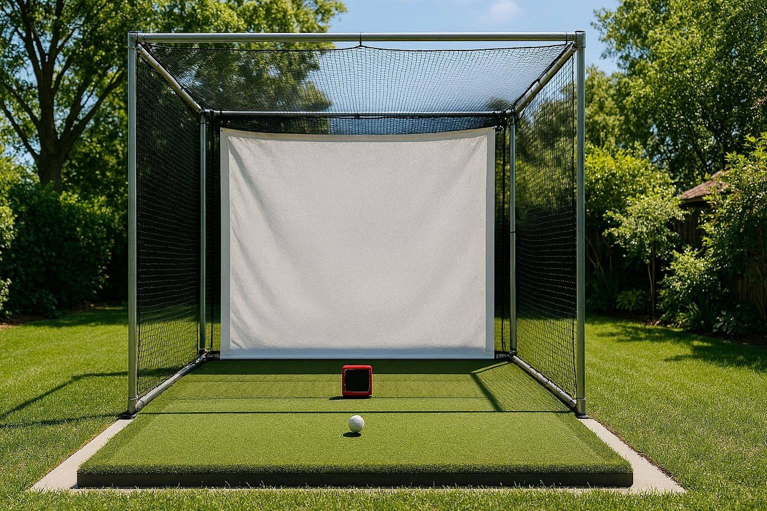 A complete Mevo outdoor net setup featuring an EMT conduit cage and leveled hitting platform.
