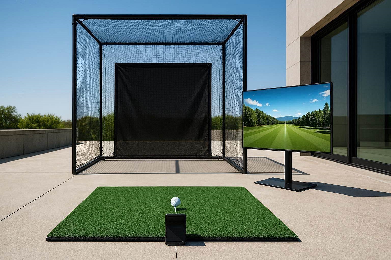 Complete technical layout of the ultimate outdoor golf simulator setup under 2500 on a modern concrete patio.