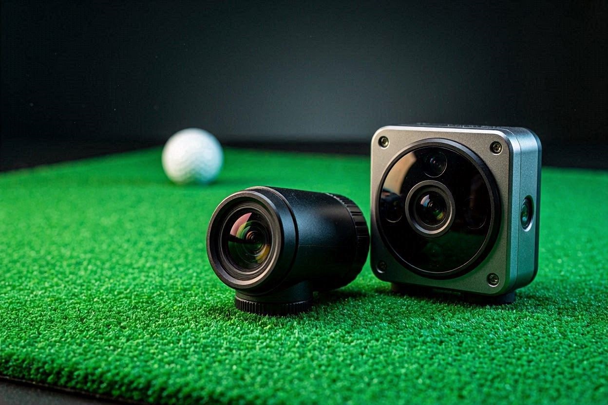Side by side comparison of the Uneekor Eye Mini vs Square Omni launch monitors on an indoor hitting mat.