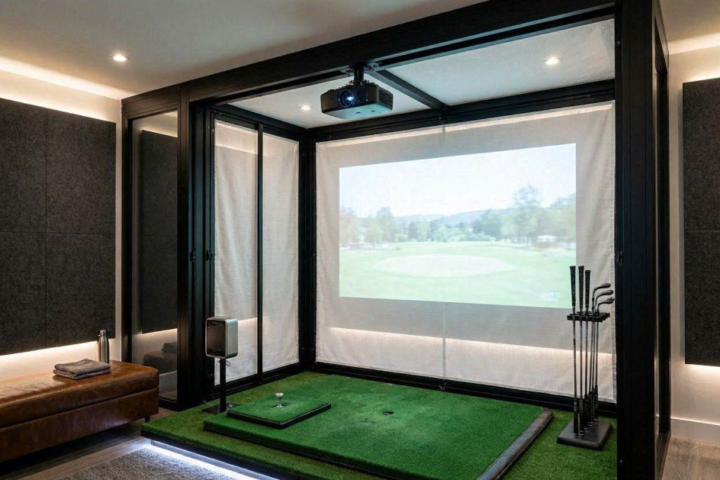 Premium luxury indoor golf simulator bay with optimized enclosure dimensions