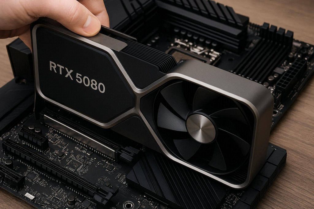 A high-end graphics card being installed into a custom PC for GSPro 4K rendering.