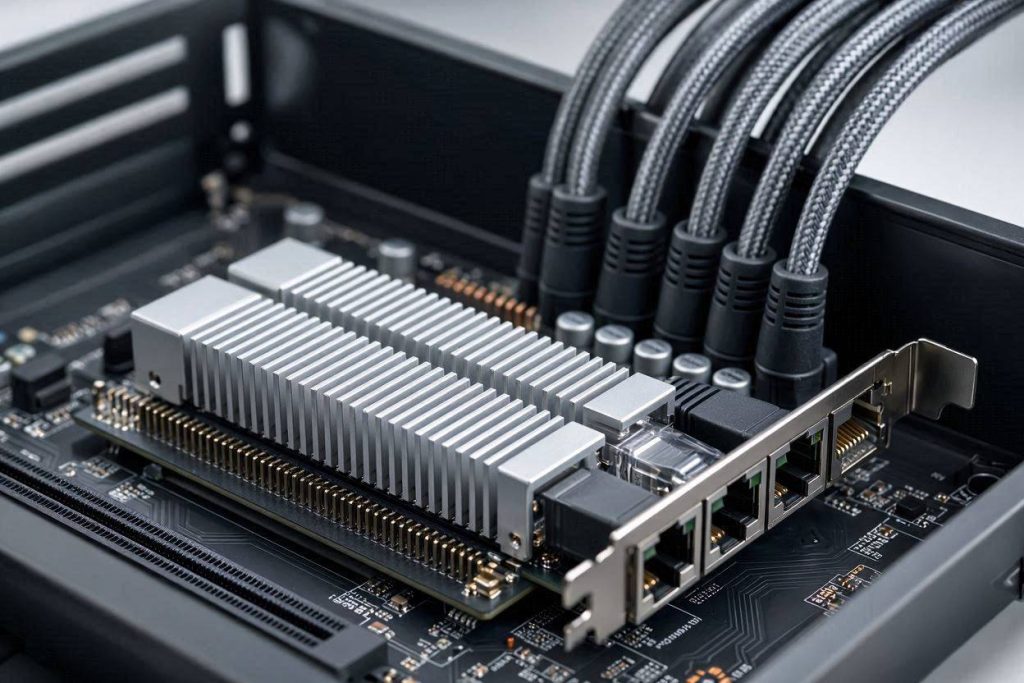 Quad-port PCIe network card for dedicated PoE switch networking for golf simulator cameras