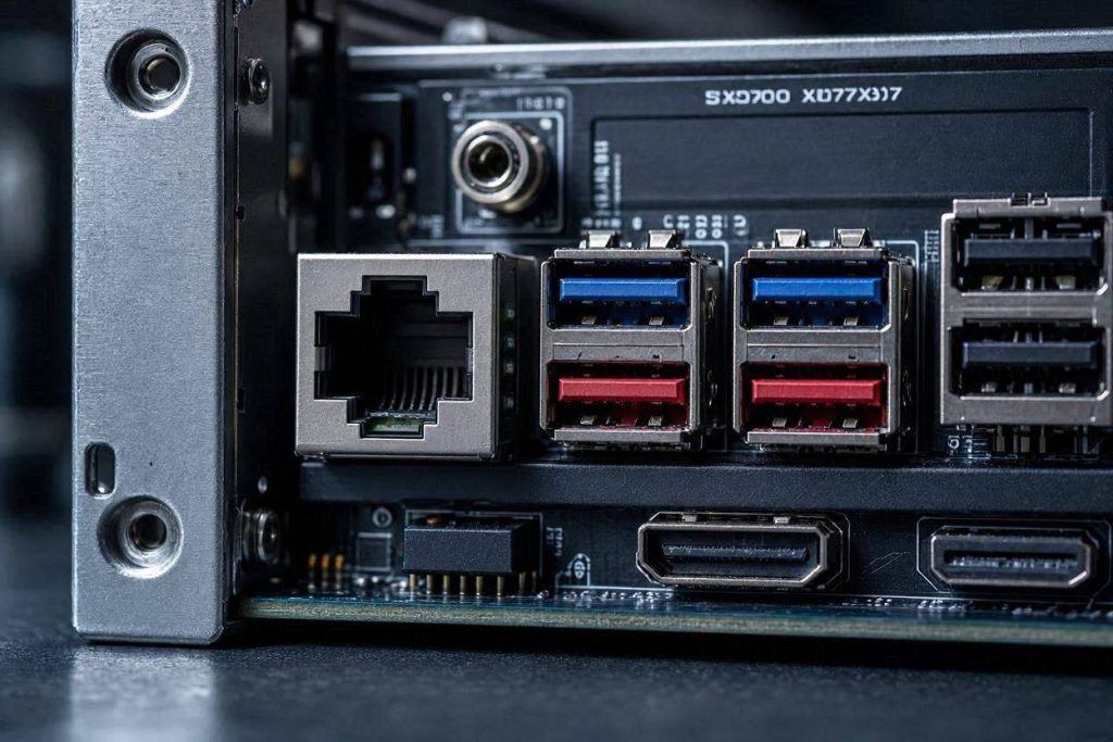 Rear input and output connections on the ASUS ROG Strix GA35 4K golf simulator motherboard.