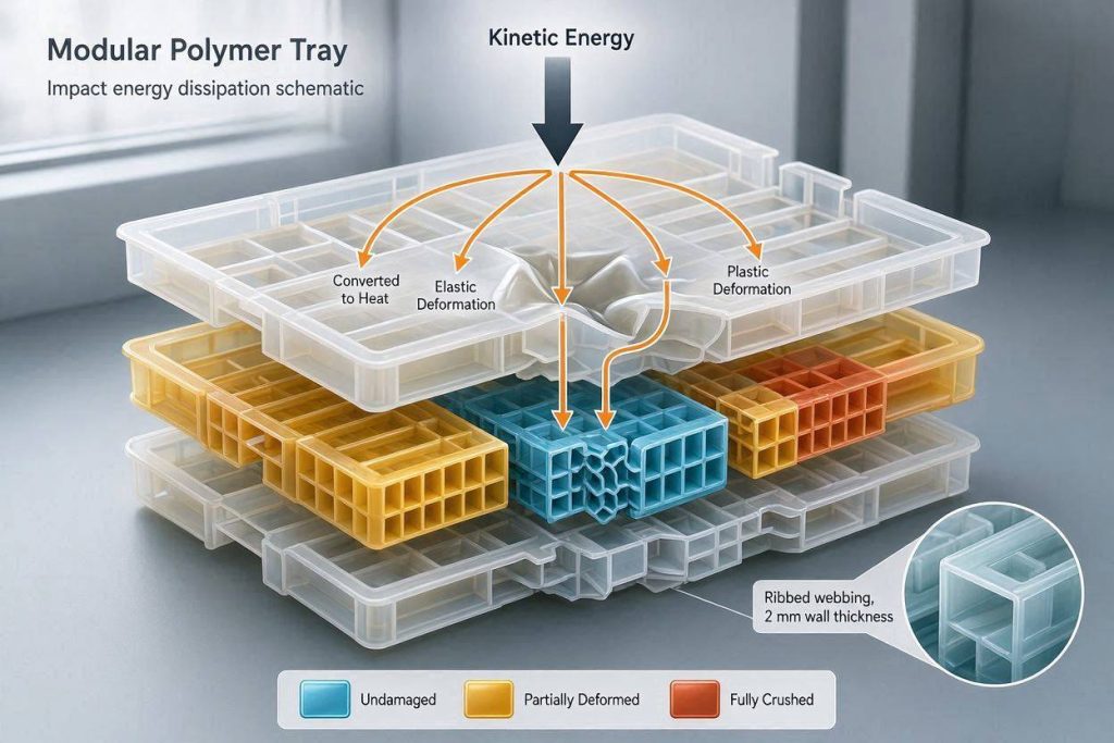 Biomechanical shock dissipation of heavy-duty interlocking polymer base trays.